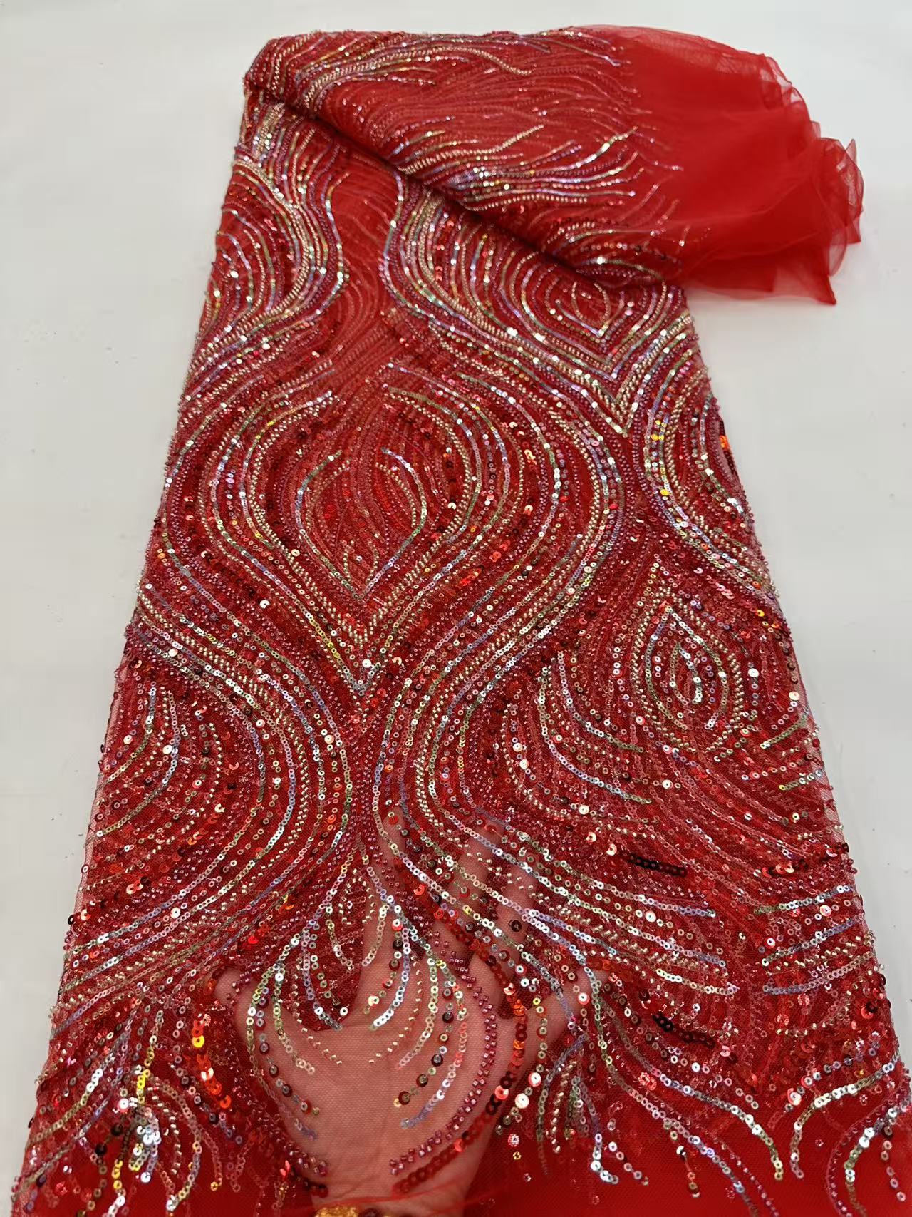 Glitter Tablecloth - Luxury Red African Beaded Mesh Lace