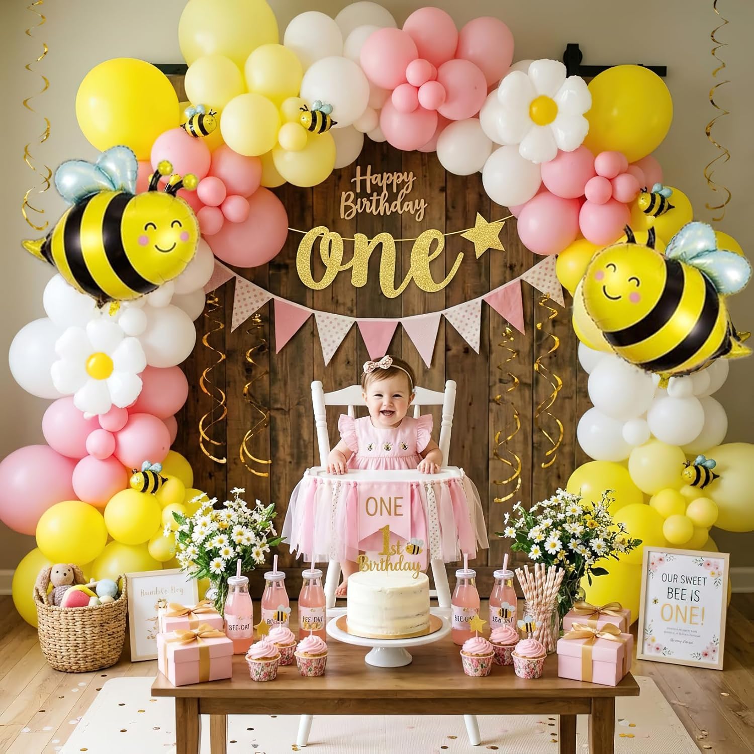 134Pcs Yellow Pink Bee Balloon - Balloon Arch Kit ulasan dan harga